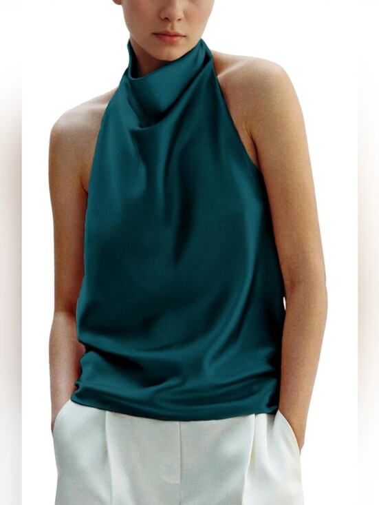 Tops - NWT Satin Halter Tank Top Size Large | Elegant Draped Neck Summer Blouse